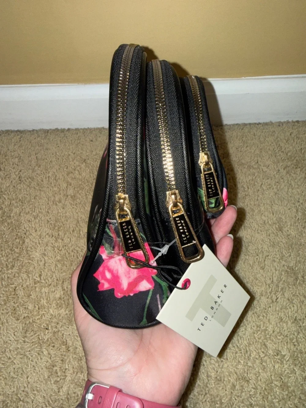 Ted Baker Black Floral Makeup Pouch with Pink Blooms